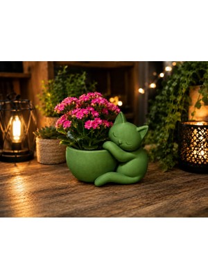 Urfakent 3D Baskı Sarılan Kedi Saksı - Sevimli Dekoratif Saksı - Yeşil