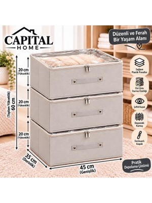 Capıtal Home Baza Altı 3 Adet Çok Amaçlı Düzenleyici Hurç + Saklama Kutusu Şefaf Kapallı +Fermuarlı 45X35X20 cm