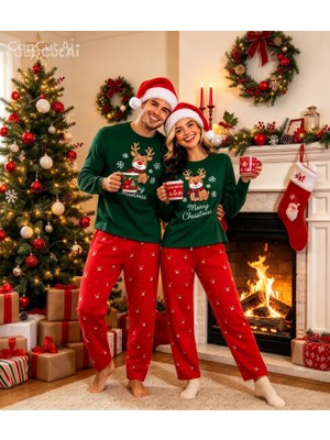NiCe İç Giyim Geyik Baskılı Yeşil & Kırmızı Renk Yılbaşı Desen Polar Yumuşak Şık Rahat Unisex Pijama Takım (TEK TAKIM)