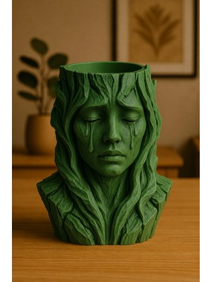 Urfakent 3D Baskı Ağlayan Kadın Büst Saksı - Sanatsal Dekoratif Saksı - Yeşil