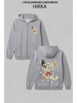 Zoka Wear Iskelet Karga Gul Cicek Tasarim Baskılı Fermuarlı Kapşonlu Hırka