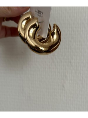 The Mat Design Gold Renk Parlak Bombeli Halka Küpe 4 cm Hacimli Halka Küpe