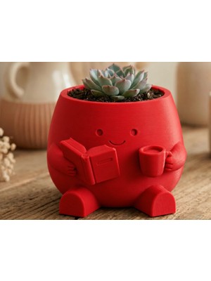 Urfakent 3D Baskı Kitap Okuyan Saksı - Kupa Tutan Sevimli Saksı-Kırmızı