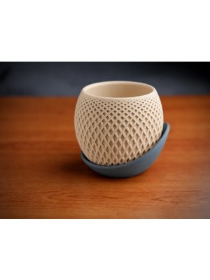 Urfakent 3D Baskı Küre Saksı - Kafes Dokulu Iki Parçalı Dekoratif Saksı - Bej-Gri