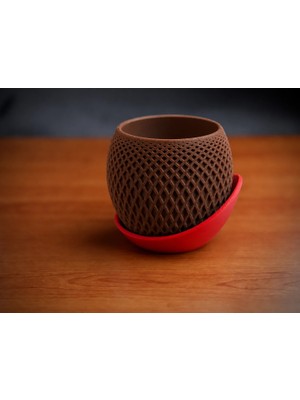Urfakent 3D Baskı Küre Saksı - Kafes Dokulu Iki Parçalı Dekoratif Saksı - Kahverengi-Kırmızı
