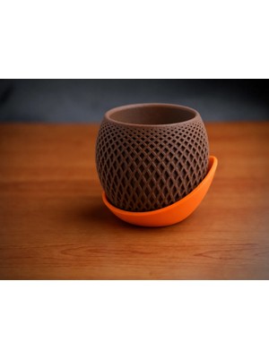 Urfakent 3D Baskı Küre Saksı - Kafes Dokulu Iki Parçalı Dekoratif Saksı - Kahverengi-Turuncu