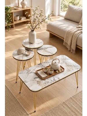 Odera Çift Efes Beyaz Mermer Desenli Elips Orta Sehpa ve Yuvarlak Zigon Sehpa 4'lü Set Tel Metal Ayaklı Retro Modern Salon Sehpası