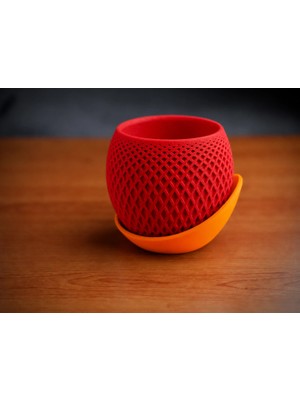 Urfakent 3D Baskı Küre Saksı - Kafes Dokulu Iki Parçalı Dekoratif Saksı - Kırmızı-Turuncu