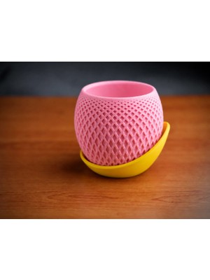 Urfakent 3D Baskı Küre Saksı - Kafes Dokulu Iki Parçalı Dekoratif Saksı - Pembe-Sarı