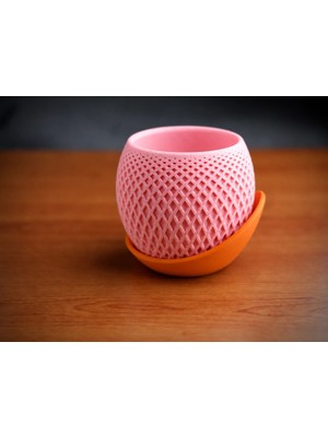 Urfakent 3D Baskı Küre Saksı - Kafes Dokulu Iki Parçalı Dekoratif Saksı - Pembe-Turuncu