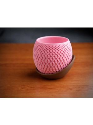 Urfakent 3D Baskı Küre Saksı - Kafes Dokulu Iki Parçalı Dekoratif Saksı - Pembe-Kahverengi