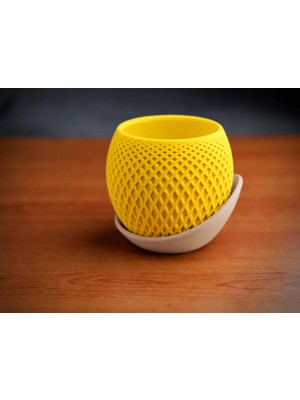 Urfakent 3D Baskı Küre Saksı - Kafes Dokulu Iki Parçalı Dekoratif Saksı - Sarı-Bej