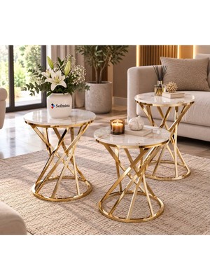 Sofmina 3'lü Zigon Sehpa Takımı Siyah Camlı Krom Metal Ayaklı Modern Salon ve Oturma Odası Sehpası