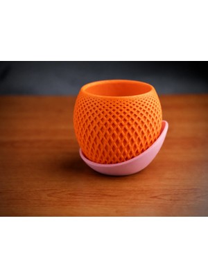 Urfakent 3D Baskı Küre Saksı - Kafes Dokulu Iki Parçalı Dekoratif Saksı - Turuncu-Pembe