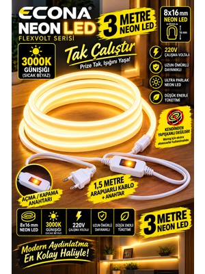 Econa 3 Metre Günışığı Neon Tak Çalıştır Anahtarlı Neon LED Aydınlatma 8X16 mm - 3000K Günışığı, 1.5m Arapuar Anahtarlı Kablolu Mutfak Tezgah Altı Banyo LED