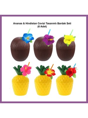 Bezos Ananas & Hindistan Cevizi Tasarımlı Pipetli Bardak Seti (6 Adet) Rengaren