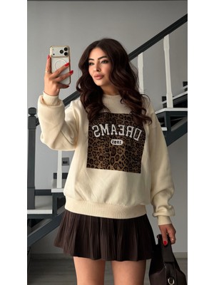 Elisin Bej Leopar Kabartmalı Dreams Baskılı Sweatshirt