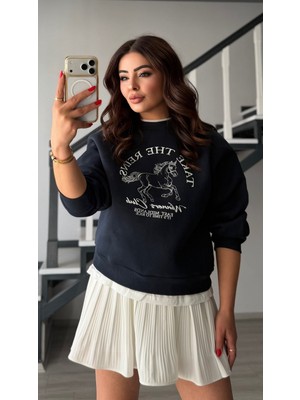 Elisin Lacivert Nakışlı Biye Detaylı Sweatshirt