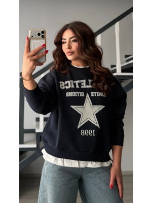 Elisin Lacivert Yıldız Baskılı Basic Detaylı Sweatshirt