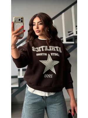 Elisin Acı Kahve Yıldız Baskılı Basic Detaylı Sweatshirt
