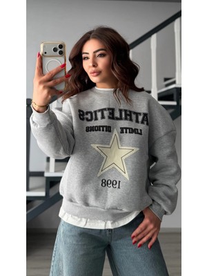Elisin Gri Yıldız Baskılı Basic Detaylı Sweatshirt