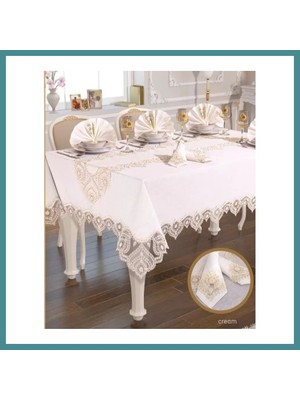Bezos Kartanesi Gardenya Keten Yemek Takımı Masa Seti 12 Kişilik 26 Parça 160 × 220 cm Runner Set Krem Mac