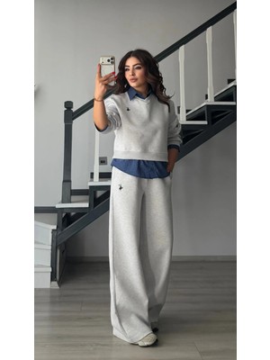 Elisin Gri Gömlek Detaylı Sweatshirt-Pantolon Takım