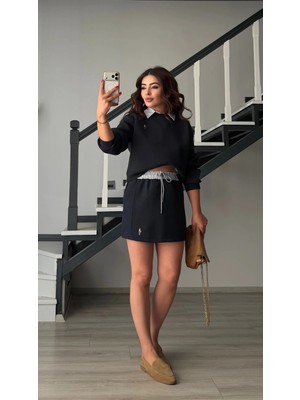 Elisin Lacivert Gömlek Detaylı Sweatshirt-Etek Takım