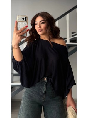 Elisin Lacivert Kayık Yaka Yarasa Kol Yarı Transparan Bluz