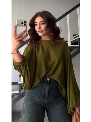 Elisin Haki Kayık Yaka Yarasa Kol Yarı Tranparan Bluz