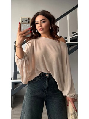 Elisin Taş Kayık Yaka Yarasa Kol Yarı Transparan Bluz