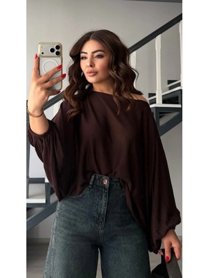 Elisin Acı Kahve Kayık Yaka Yarasa Kol Yarı Transparan Bluz