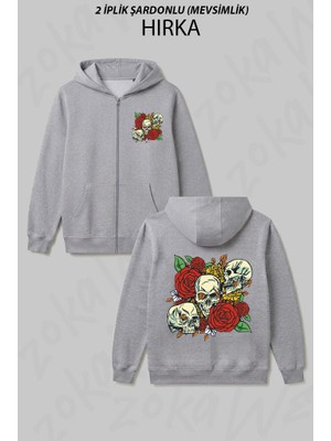 Zoka Wear Kafatasi Gul Bitki Baskılı Fermuarlı Kapşonlu Hırka