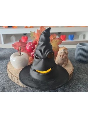 Urfakent 3D Baskı Cadı Şapkası Tealight Mumluk Işıklı Yüz Detaylı Cadılar Bayramı Feneri Masa Süsü Siyah
