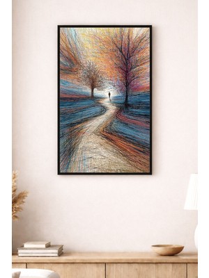 Renkli Ağaçlar ve Sonsuz Yol Soyut Manzara Sanatı Modern Dekoratif Duvar Tablosu (Çerçeve Seçenekli)
