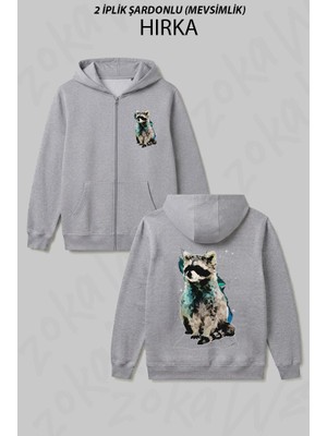 Zoka Wear Rakun Baskili Unisex Siyah Baskılı Fermuarlı Kapşonlu Hırka