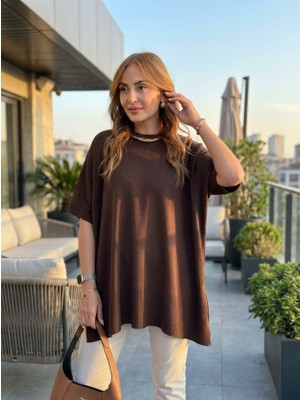 Efnaz Style Kadın Bisiklet Yaka Kısa Yarasa Kollu Yanları Yırtmaçlı Oversize Dökümlü Merserize Bluz