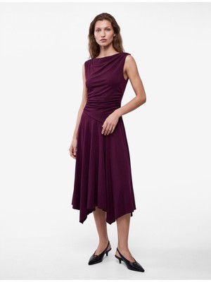 Koton Kayık Yaka Kolsuz Mürdüm Rengi Midi Elbise Modal Kumaş Slim Fit Büzgülü Kloş Kesim