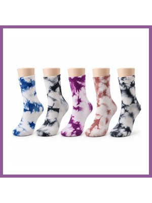 Bezos Unisex Batik Desenli Çorap 5'li Set Pamuklu Renkli Uzun Soket Dikişsiz Nefes Alan Günlük Spor Çorabı Rengaren