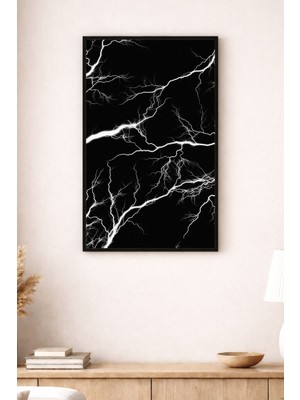 Siyah Beyaz Şimşek ve Yıldırım Desenli Soyut Sanat Minimalist Modern Dekoratif Duvar Tablosu (Çerçeve Seçenekli)