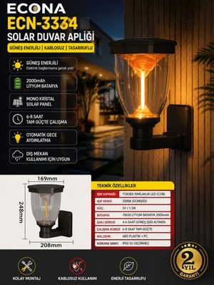 Econa 30W Volkan Solar Bahçe Lambası,güneş Enerjili Duvar Bahçe Lambası, Solar Aydınlatma, Bahçe Armatür, Dış Mekan LED Aydınlatma, Enerji Tasarruflu Lamba, Set Üstü Bahçe Lambası,