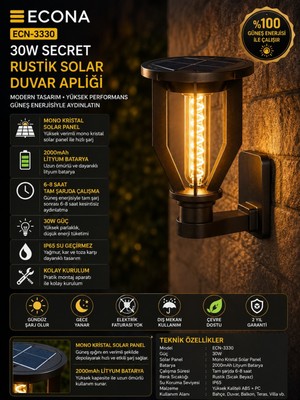 Econa 30W Rustik Solar Bahçe Lambası,güneş Enerjili Duvar Bahçe Lambası, Solar Aydınlatma, Bahçe Armatür, Dış Mekan LED Aydınlatma, Enerji Tasarruflu Lamba, Set Üstü Bahçe Lambası,