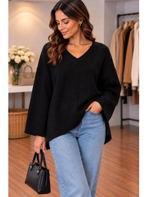 Mare Butik Siyah V Yaka Oversize Geniş Kol Triko Kazak