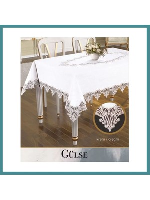 Bezos Keten Tek Masa Örtüsü Tablecloth 155X220 cm Dantelli Yemek Masası Örtüsü Gülse Model Krem Mac