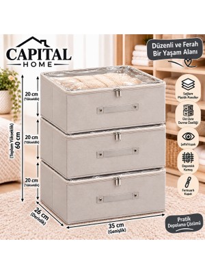 Capital Home 3 Adet Çok Amaçlı Düzenleyici Hurç + Saklama Kutusu Şefaf Kapallı +Fermuarlı 35X26X20 cm