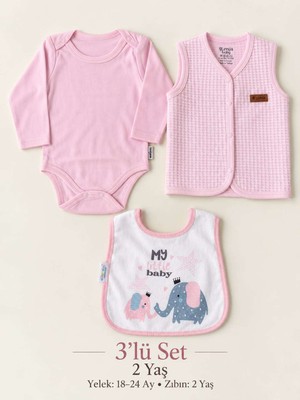 Gümüş 2 Yaş Kız Bebek 3’lü Set – Pembe Yelek, Uzun Kollu Zıbın ve Desenli Önlük