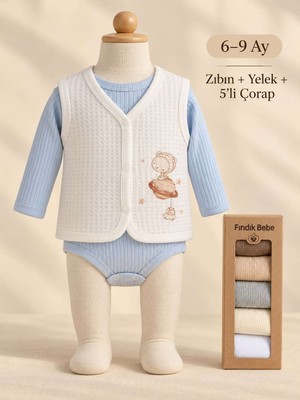 Gümüş 6–9 Ay Bebek Seti – Mavi Fitilli Zıbın, Uzay Desenli Beyaz Yelek ve 5 Çift Çorap