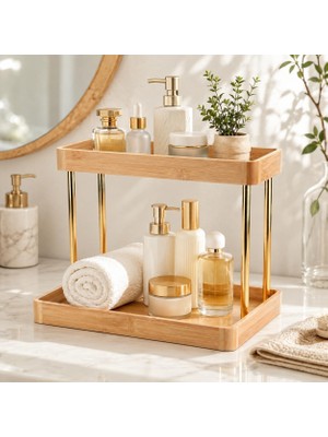 Poomy 2 Katlı Bambu Organizer Standı, Altın Renk Tezgâh Üstü Düzenleyici Raf