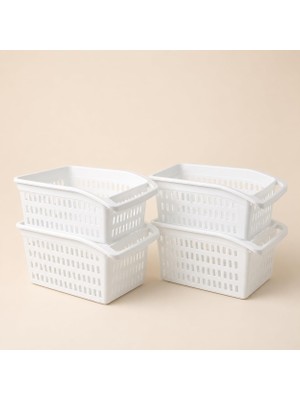 Poomy 4’lü Beyaz Plastik Düzenleyici Sepet, Kulplu Mutfak Dolap Içi Organizer, Buzdolabı Erzak Saklama Sepeti, 30X17X15 cm Çok Amaçlı Raf ve Tezgah Dü