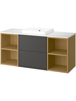 IKEA Koyu Gri-Meşe-Beyaz Mermer Lavabolu Banyo Dolabı 142X49X71 cm